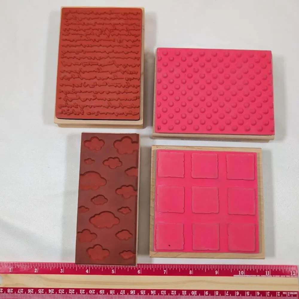 Lot #13 Background Rubber Stamp Lot 4 Pc Script Clouds Dots Window Wood Mount